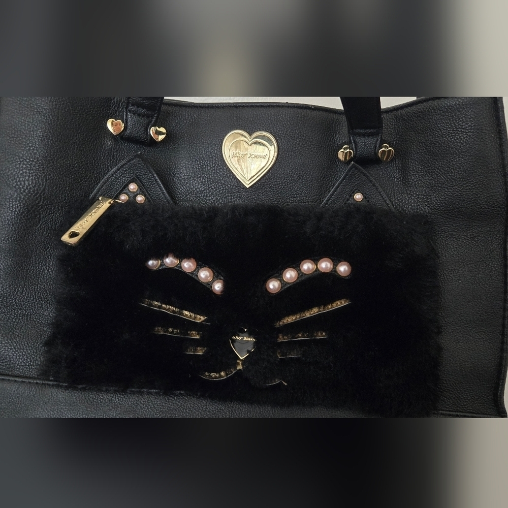 Betsey Johnson Kitch Cat Kitty Tote Shoulder Hand Bag Black EUC - Picture 6 of 8